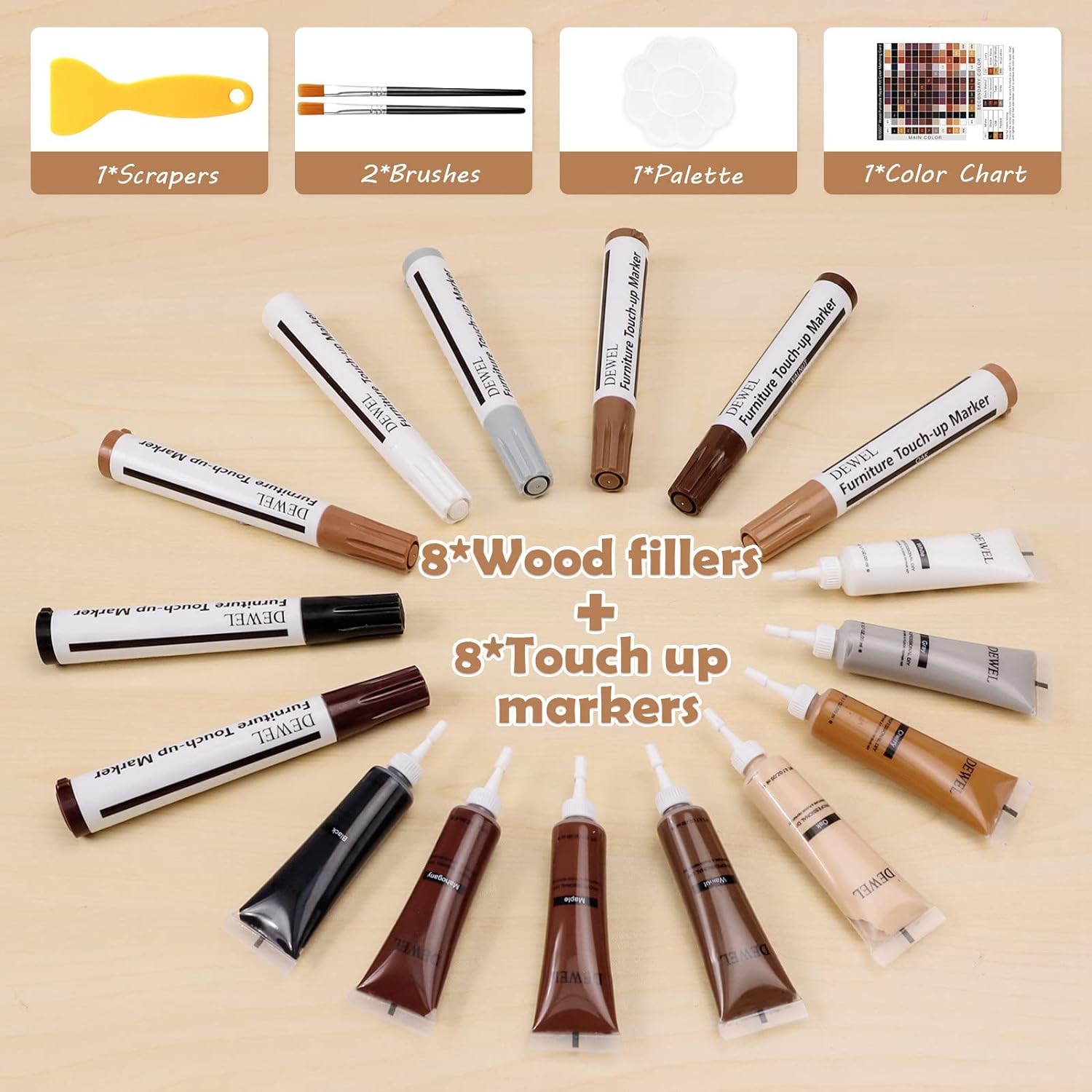 DEWEL Wood Furniture Repair Kit, Professional Wood Fillers and Furniture Touch Up Markers Repair Stains, Scratches, Wood Floors, Tables, Cabinet, Carpenters, Bedposts : Health & Household