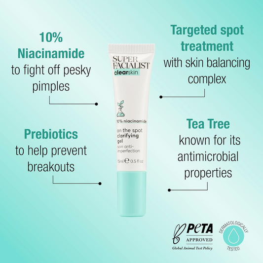 Super Facialist On The Spot Clarifying Gel - Spot Treatment For Acne With 10% Niacinamide, Tea Tree Oil & Prebiotics, Vegan Friendly 15Ml