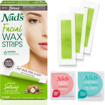 Nad'S Facial Wax Strips - Facial Hair Removal For Women, Face Wax Strips, Includes 20 Waxing Strips + 4 Calming Oil Wipes, Hypoallergenic