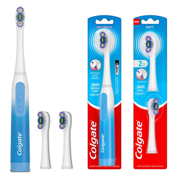 Colgate 360 Floss Tip Sonic Powered Battery Toothbrush, 2 Pack with Floss Tip Refill Heads