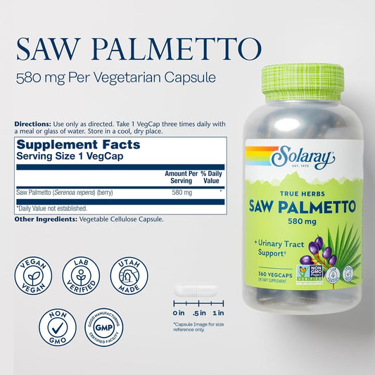 Solaray Saw Palmetto Berries 580 Mg - Prostate Supplements For Men - Prostate Health, Urinary Tract Support, Hair Health, W/Fatty Acids And Plant Sterols, Vegan, 60-Day Guarantee, 360 Vegcaps