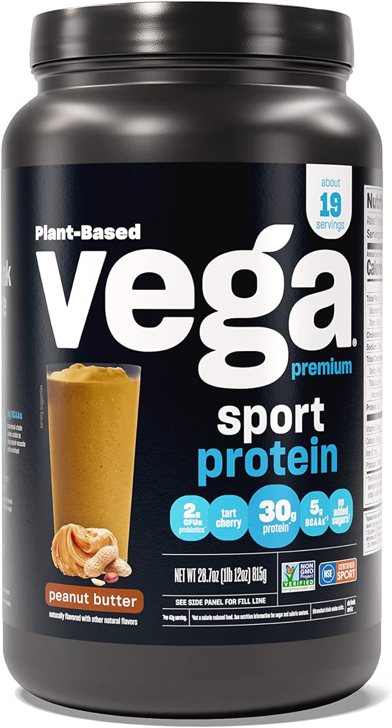 Vega Premium Sport Protein Peanut Butter Protein Powder, Vegan, Non Gmo, Gluten Free Plant Based Protein Powder Drink Mix, Nsf Certified For Sport, 28.7 Oz