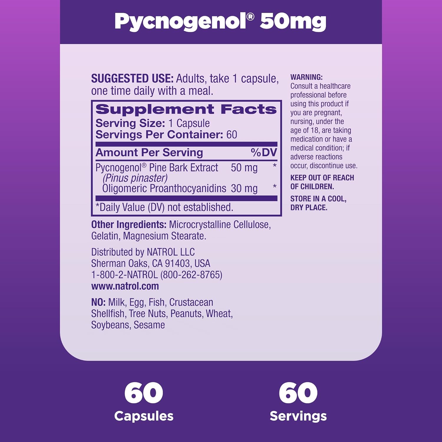 Natrol Pycnogenol Capsules, Antioxidant Protection, Supplement Protects Against Cellular Oxidation and Age-Related Damage, European Maritime Pine Bark Extract, Supports Circulation, 50 mg, 60 Count : Health & Household