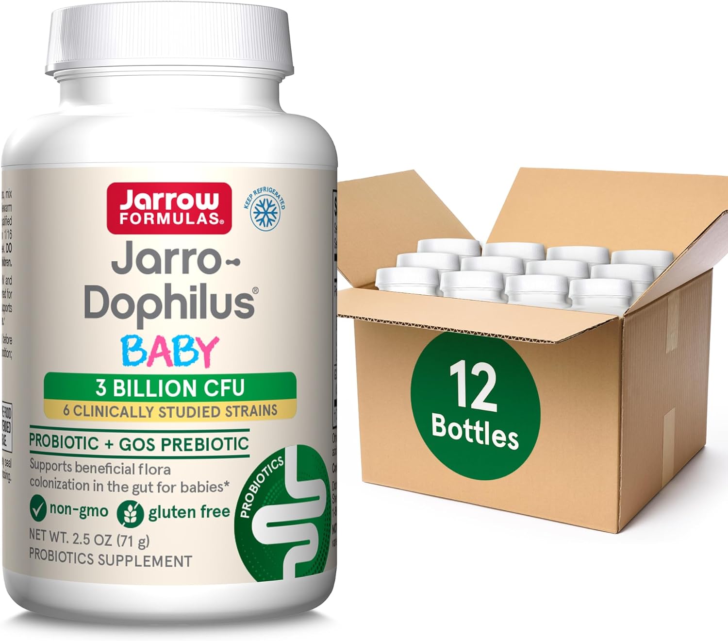 Jarrow Formulas Babys Jarro-Dophilus + Gos Supplement - 3 Billion Cfu Per Serving - Multi-Strain Infant Probiotics Formula - Supports Intestinal Health - 2.5 Oz Powder (Pack Of 12)