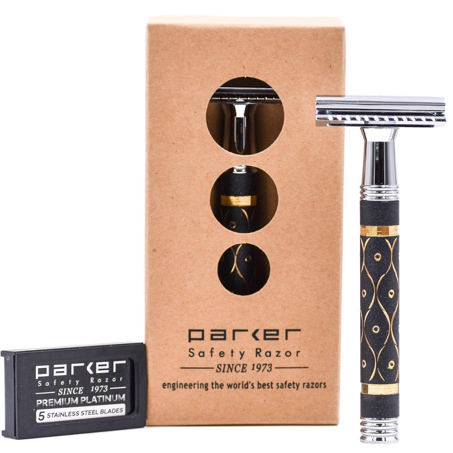 Parker 65R Super Heavyweight Double-Edge Safety Razor – Sandstone-Textured Brass Handle, Chrome-Plated Frame – Heavyweight 4" Grip For Precise Control – Includes 5 Premium De Blades