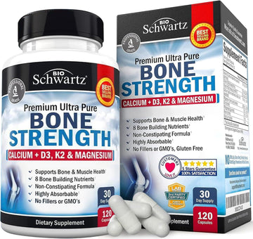 Bone Strength Calcium Supplement - With Calcium, Vitamin D3, K2, C, Magnesium, Zinc - 8 Bone-Building Nutrients, High Absorption, Non-Constipating Formula - 120 Veggie Capsules For Optimal Bone Health