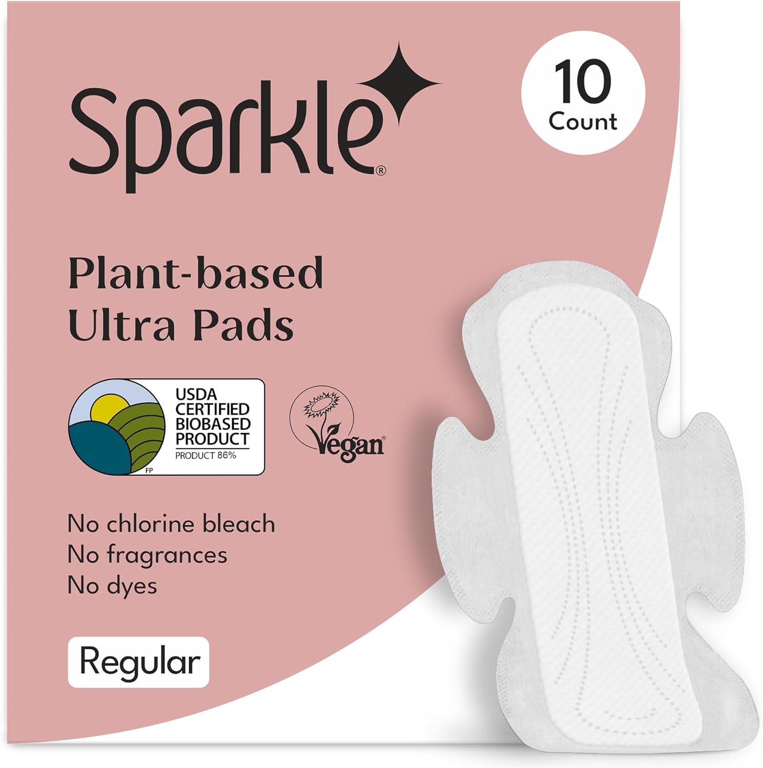 Sparkle Ultra Pads, Plant-Based Ingredients, USDA Certified Biobased, Unscented, Chlorine Free, Superior Absorbency (Regular, 10 Count)