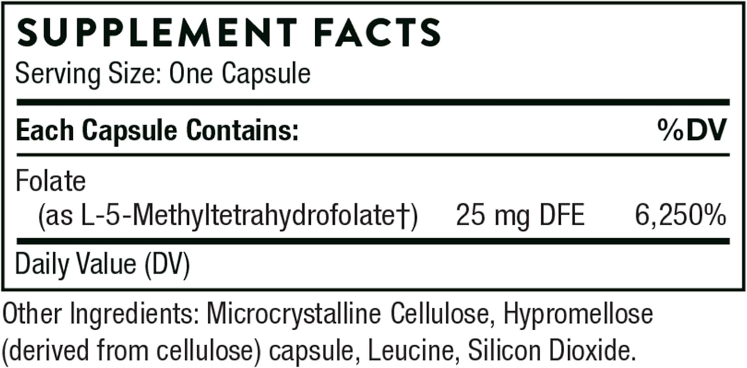 Thorne 5-MTHF 15mg - Methylfolate (Active B9 Folate) Supplement - Supports Cardiovascular Health, Fetal Development, Nerve Health, Methylation, and Homocysteine Levels - 30 Capsules