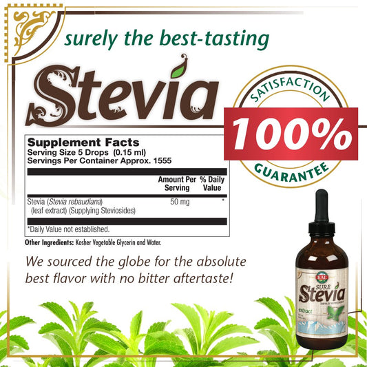 Kal Sure Stevia Extract Zero Calorie Sweetener, Low Carb, Plant Based Liquid Stevia Drops, Great Taste, Zero Sugar, Low Glycemic & Perfect For A Keto Diet, 60-Day Guarantee, Approx. 1555 Servings, 8Oz