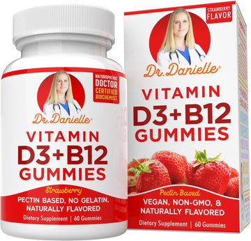 Vitamin D3, B12 Gummies by Dr. Danielle, Vegan Daily Supplement for Adults & Kids, Non-GMO, Vitamin D3 1000 IU & 250 mcg Vitamin B12, 2 Month Supply (60 Gummies)