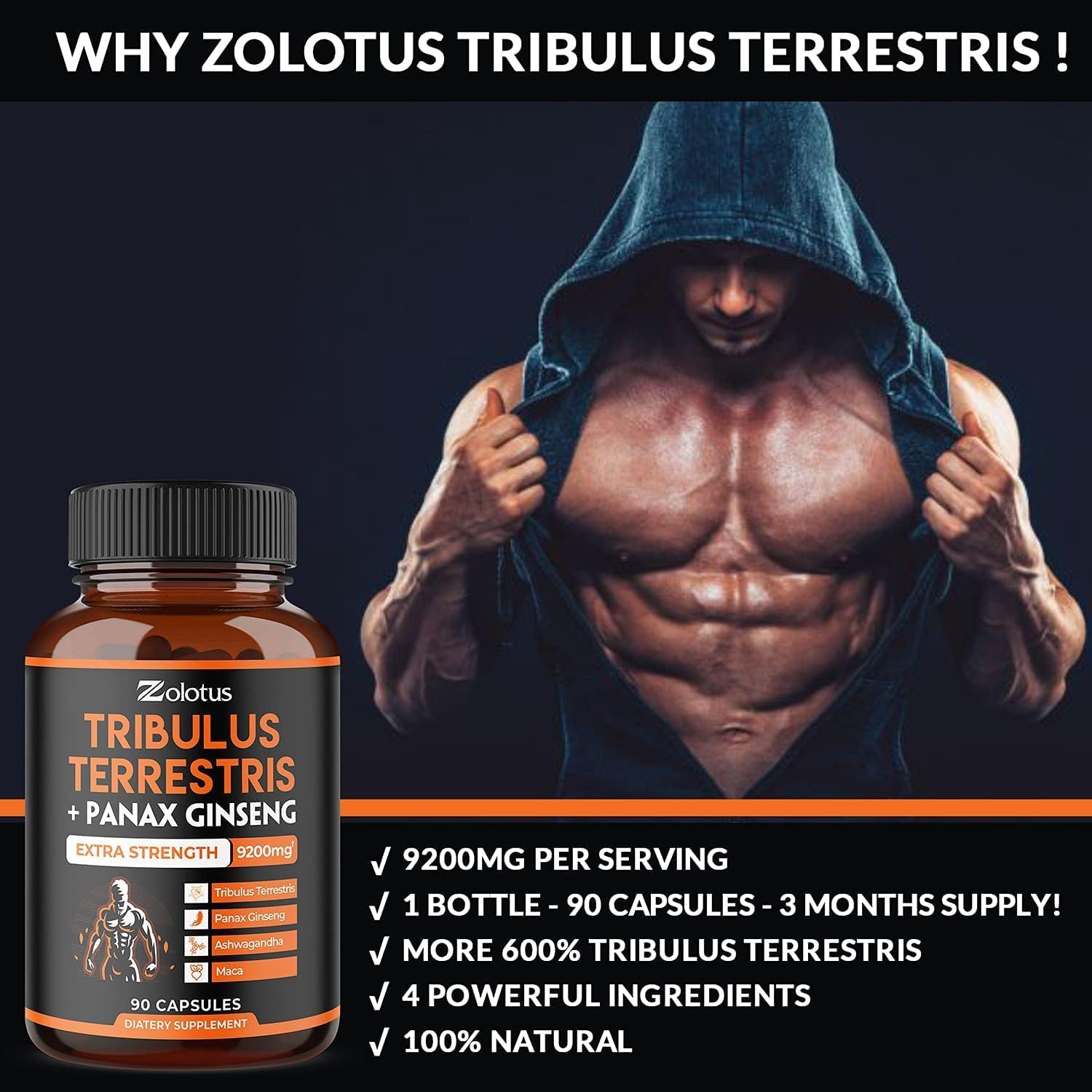 Zolotus Tribulus Terrestris + Panax Ginseng, 9200mg Per Capsule, 3 Months Supply, Highest Potency with Ashwagndha, Panax Ginseng, Boost Energy, Mood, Stamina & Performance, for Men & Women : Health & Household