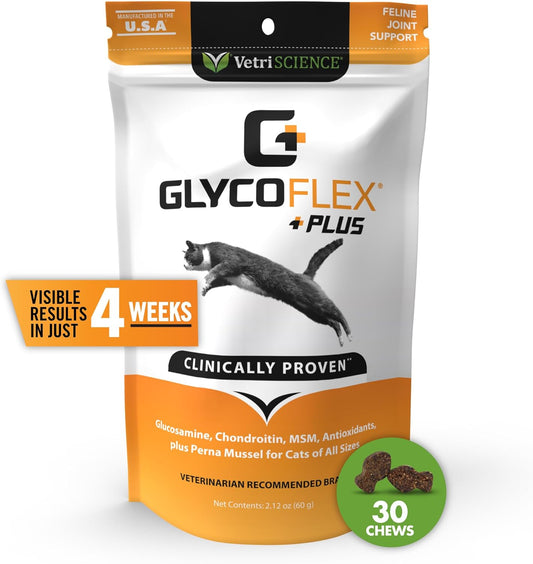 VetriScience GlycoFlex Plus, Clinically Proven Joint Support Cat Supplements - Joint Health Supplement with Glucosamine, Chondroitin, MSM, and DMG - 30 Chews, Fish Flavor?