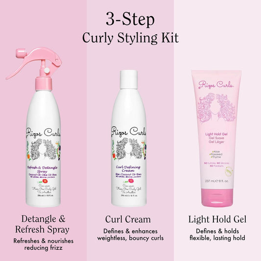 Rizos Curls Styling Starter Kit, Refresh And Detangle Spray & Curl Defining Cream & Light Hold Gel Bundle, Enhance & Define Curls, Add Volume & Hold, Frizz Control & Shine