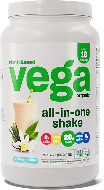 Vega Organic All-In-One Vegan Protein Powder, French Vanilla -Superfood Ingredients, Vitamins For Immunity Support, Keto Friendly, Pea Protein For Women & Men, 1.5 Lbs (Packaging May Vary)