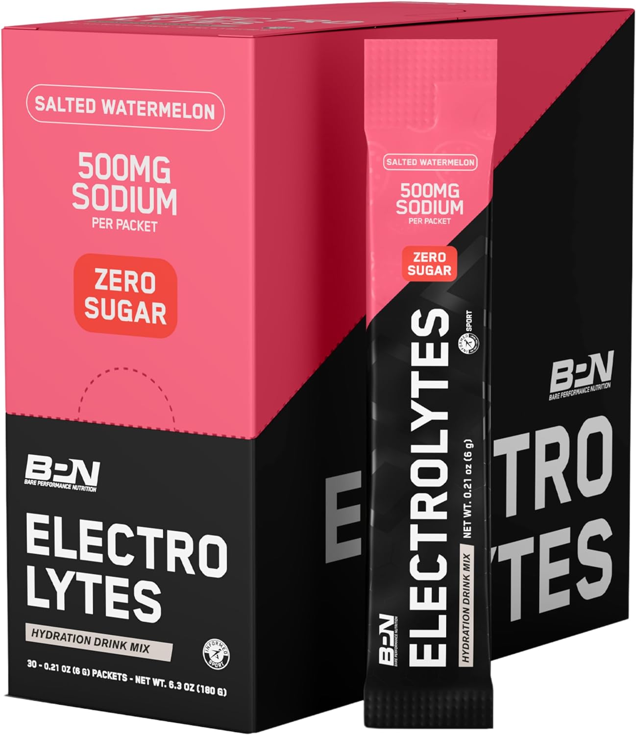 Bare Performance Nutrition, Bpn Electrolytes Go Packs, Hydration Drink Mix Powder Packets, Salted Watermelon, 30 Servings