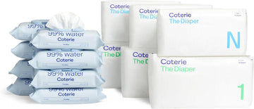 Coterie Baby Diapers + Wipes Baby Kit, Size 1 (99 Count) Size Newborn (93 Count) 8 Wipe Packs (448 Count) Made With Plant Derived Fibers, Hypoallergenic, Designed For Sensitive Skin, Clean Ingredients