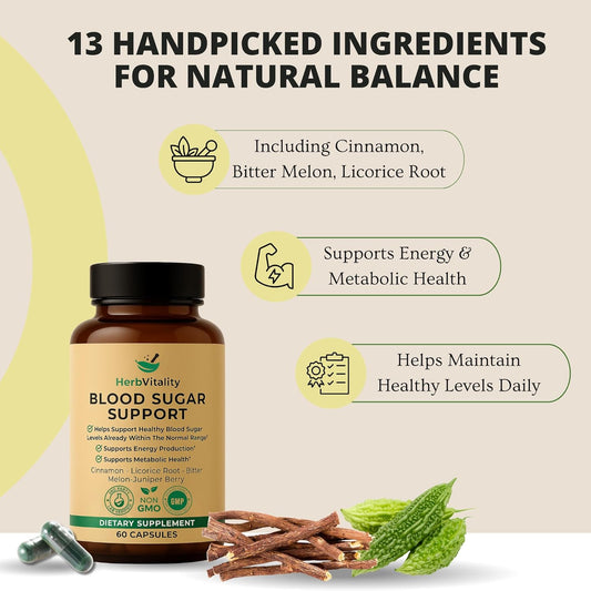 Blood Sugar Support Supplement With Cinnamon, Bitter Melon – Supports Healthy Blood Sugar Levels Already Within Normal Ranges | Licorice Root Extract - 60 Capsules
