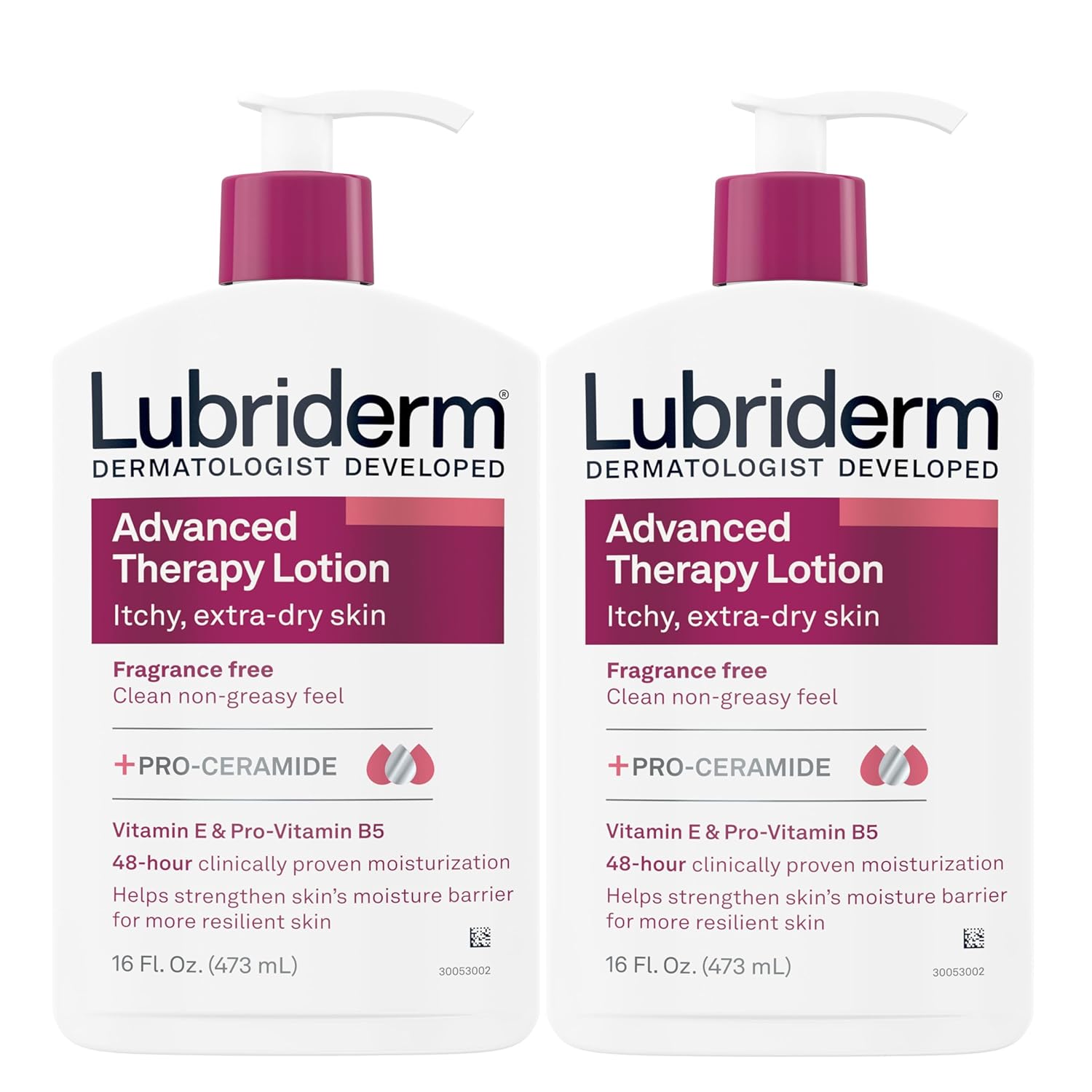 Lubriderm Advanced Therapy Fragrance Free Moisturizing Hand & Body Lotion + Pro-Ceramide With Vitamins E & Pro-Vitamin B5, Intense Hydration For Extra Dry Skin, Twin Pack, 2 X 16 Fl. Oz