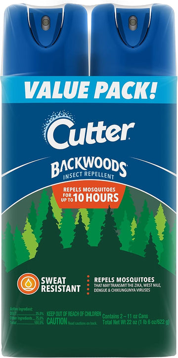 Cutter Backwoods Insect Repellent (2 Count), Mosquito Repellent, 25% Deet, Sweat Resistent, 11 Ounce (Aerosol Spray)