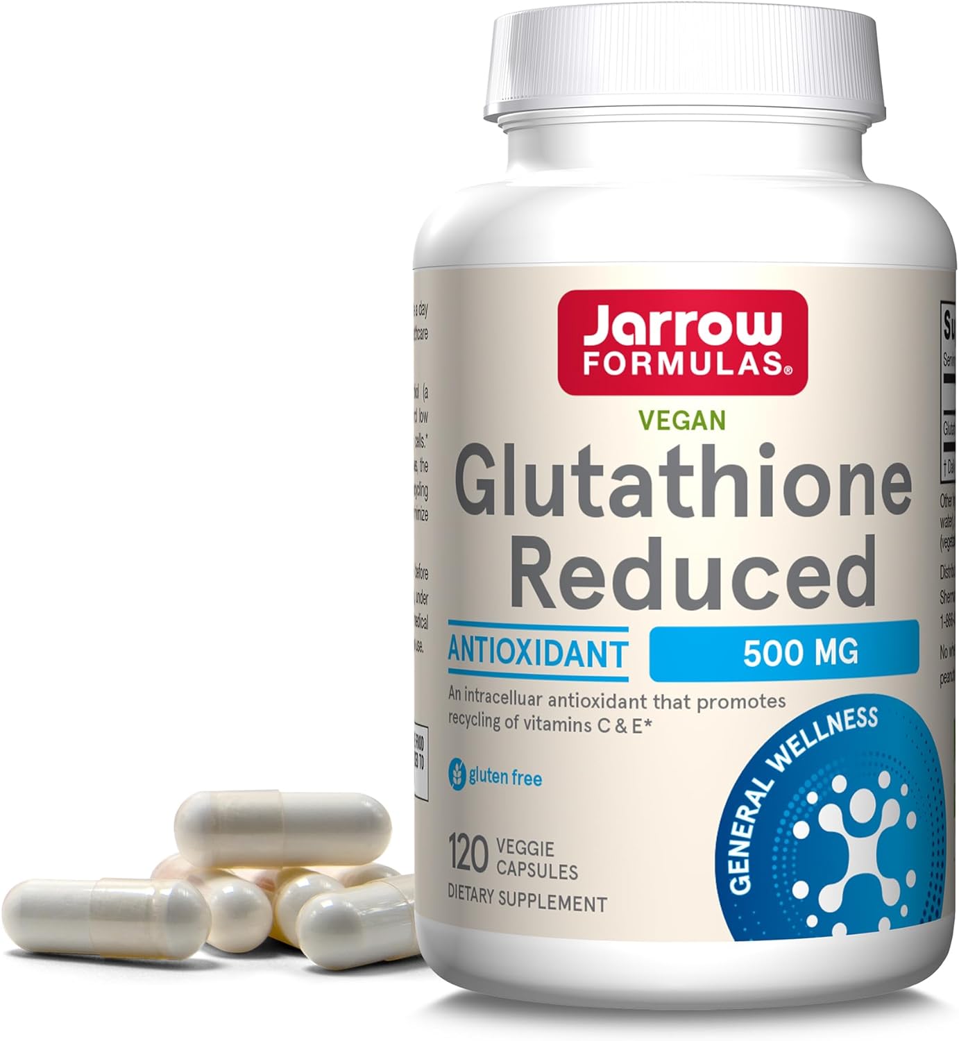 Jarrow Formulas Glutathione Reduced 500 mg - 120 Veggie Capsules - Intracellular Antioxidant - Quality Glutathione Supplements - Supports Recycling of Vitamins C & E - Non-GMO - Gluten Free - Vegan