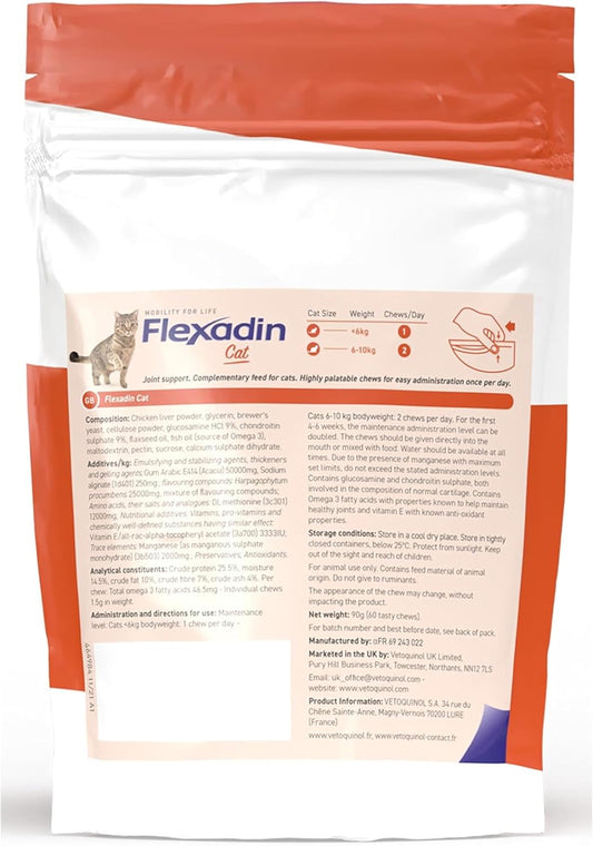 Flexadin Joint Care For Cats | Joint Supplement Chews For Cats | Aids Mobility & Flexibility | Glucosamine, Chondroitin, Omega 3 & Vitamin E | 60 Chews
