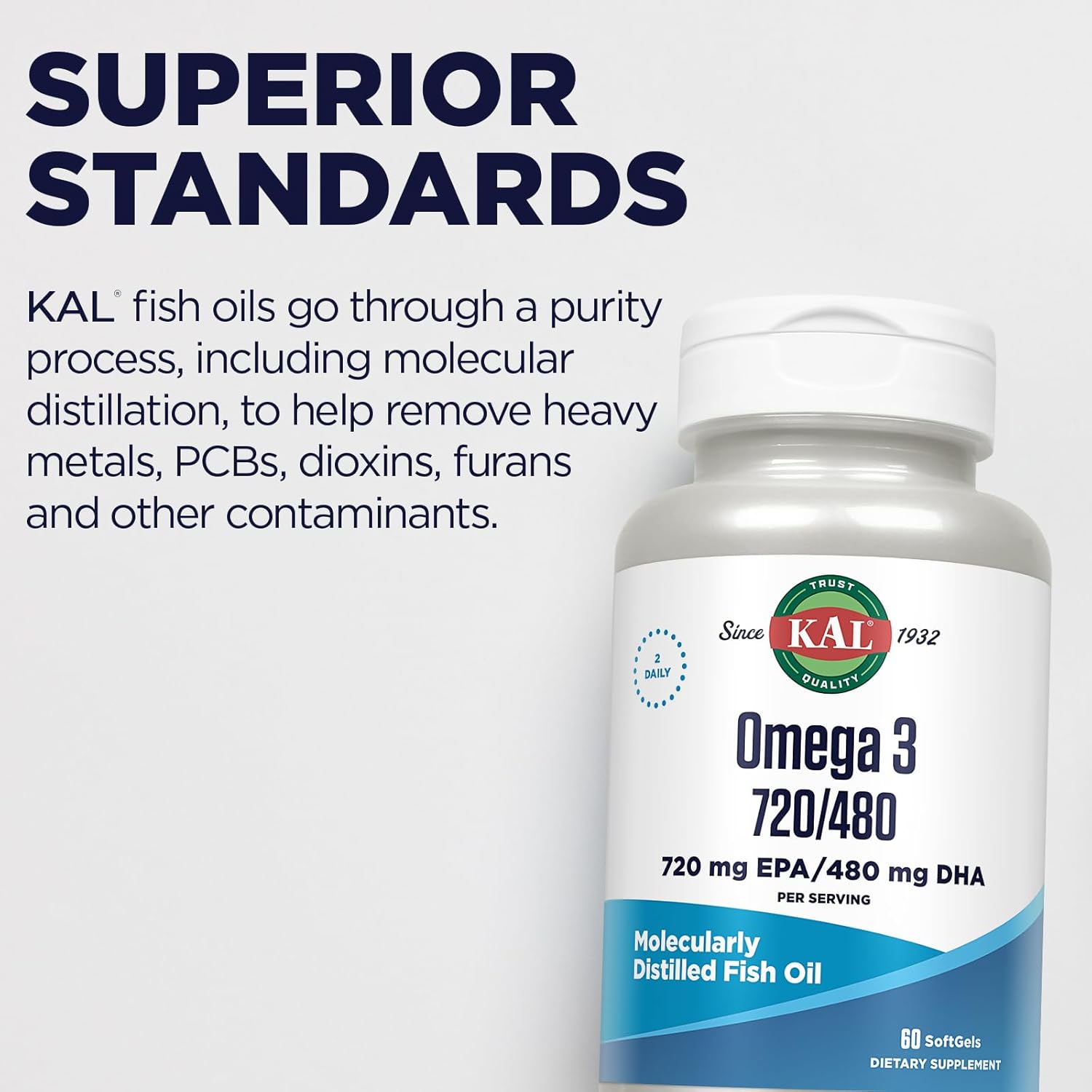 Kal Omega 3 Fish Oil 2,400 Mg - 720/480 Epa Dha Supplements - Eye, Brain, And Joint Support Supplement - Molecularly Distilled And Lab Verified - 60-Day Guarantee - 30 Servings, 60 Softgels : Health & Household