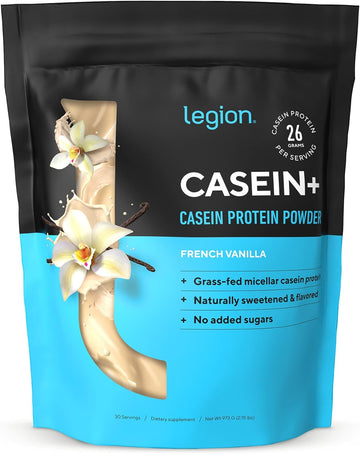 LEGION Casein+ Vanilla Pure Micellar Casein Protein Powder - Non-GMO Grass Fed Cow Milk, Natural Flavors & Stevia, Low Carb, Keto Friendly - Best Pre Sleep (PM) Slow Release Muscle Recovery Drink 2lb