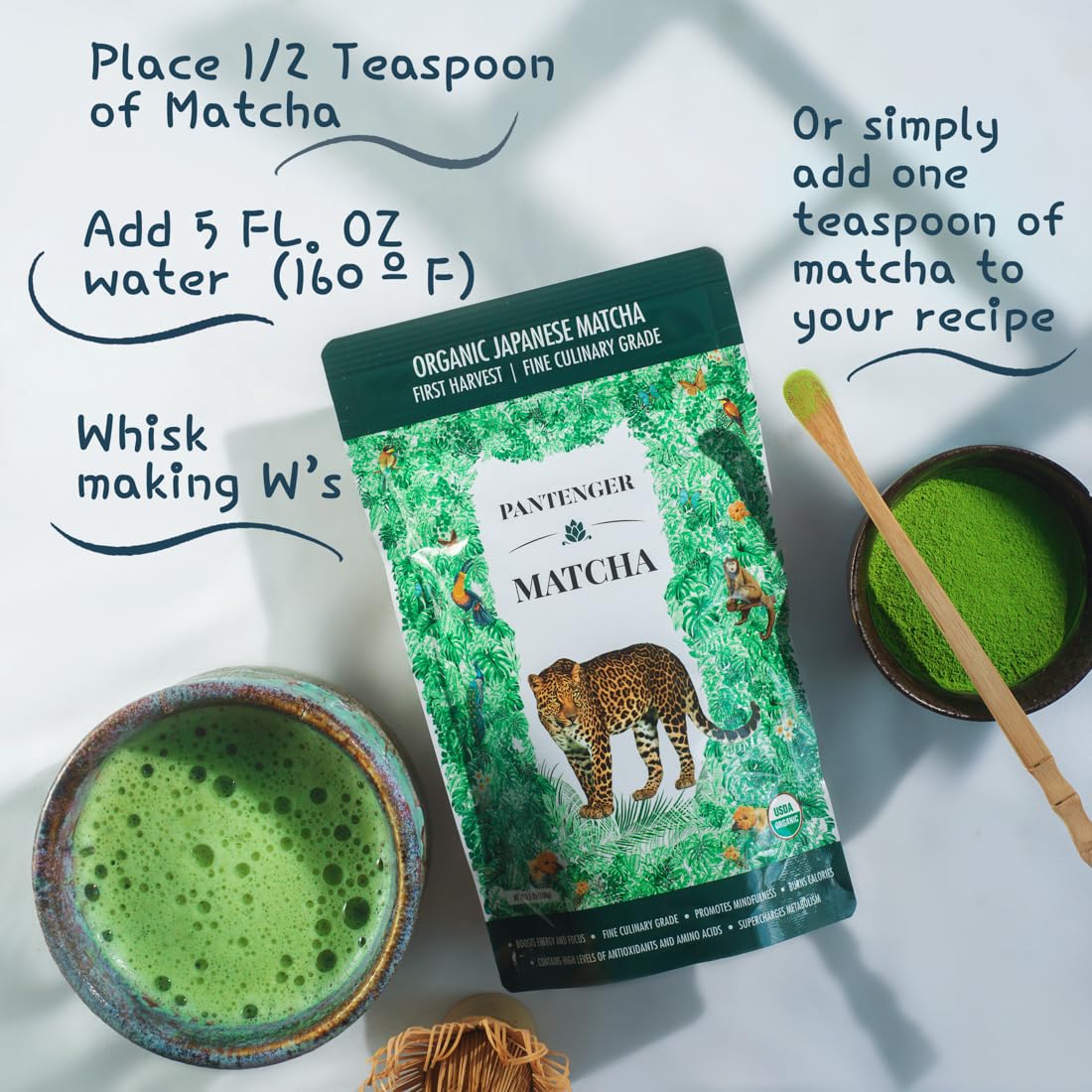 Organic Matcha Green Tea Powder | 3.5 Oz - 80 Servings | Latte & Smoothie Grade | Japanese - First Harvest - Stone Milled | By Pantenger