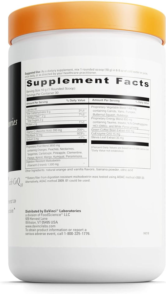 DaVinci Labs Spectra Orange - Energy Drink Supplement to Support Endurance, Metabolism and Cognitive Function - With Fiber, Protein, Vitamins, Minerals and More - Vegetarian - Gluten-Free -30 Servings