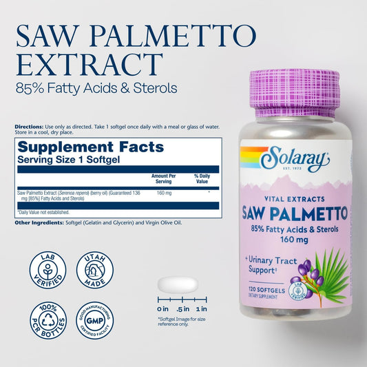 Solaray Saw Palmetto Extract - Prostate Health And Urinary Tract Support - 136 Mg Fatty Acids And Sterols - Lab Verified, 60-Day Money-Back Guarantee (120 Servings, 120 Softgels)