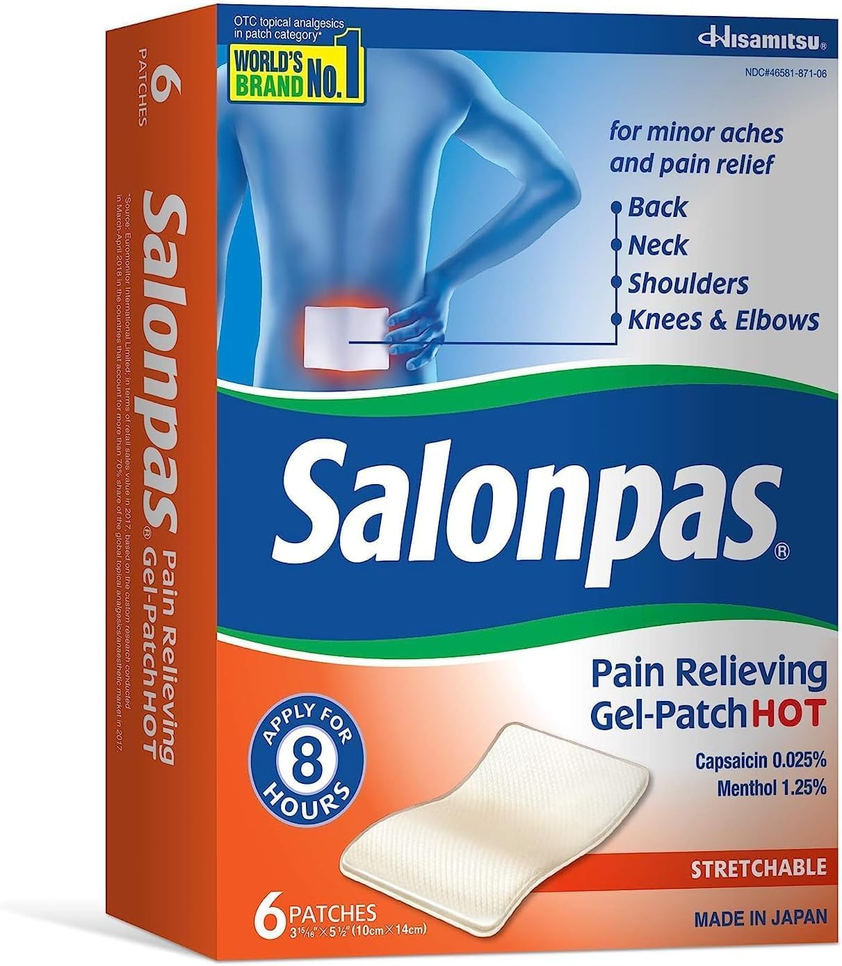 Salonpas Pain Relieving Gel Patches HOT for Back, Neck, Shoulder, Knee Pain and Muscle Soreness - 8 Hour Pain Relief - 6 Count