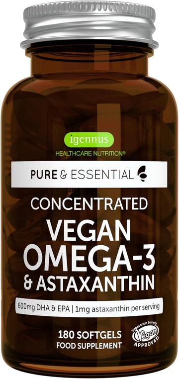 Vegan Dha & Epa Omega 3 Algae Oil & Astaxanthin Antioxidant, 1344Mg Omega 3, Pure & Sustainable, 180 Small Softgels, 400Mg Dha & 200Mg Epa, Clean Label, Easy-To-Swallow, 90 Servings, By Igennus