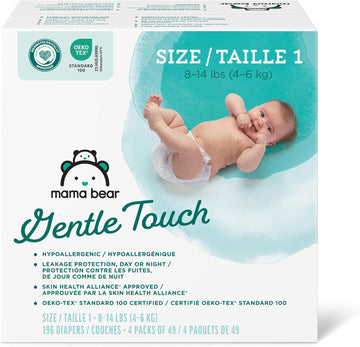 Amazon Brand - Mama Bear Gentle Touch Diapers, Hypoallergenic, Size 1, 196 Count (4 Packs Of 49), White