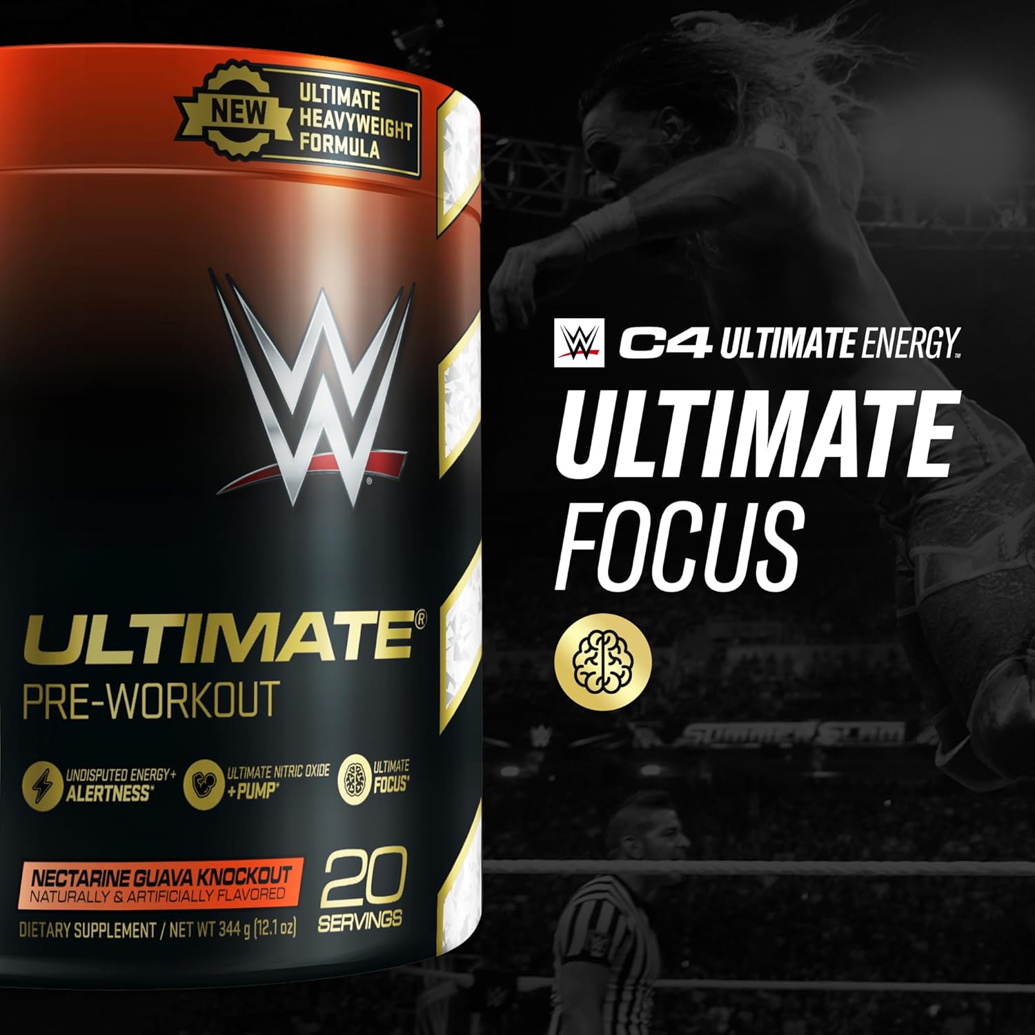 Cellucor C4 Ultimate x WWE Pre Workout Powder Nectarine Guava Knockout - Sugar Free Preworkout Energy Supplement for Men & Women - 300mg Caffeine + 3.2g Beta Alanine + Patented Creatines - 20 Servings