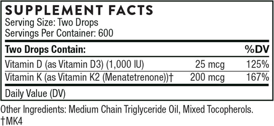 Thorne Vitamin D + K2 Liquid With A Metered Dispenser - Vitamins D3 And K2 To Support Healthy Bones And Muscles* - 1 Fl Oz (30 Ml) - 600 Servings