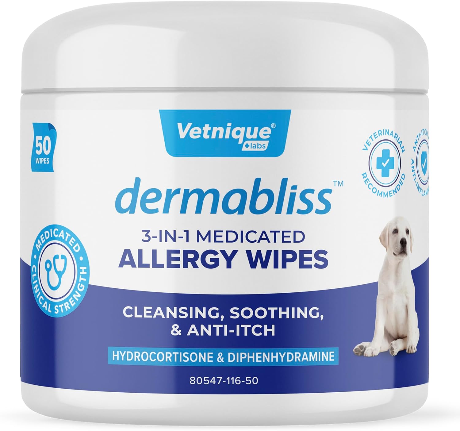 Vetnique Dermabliss 3-In-1 Medicated Dog Wipes - Relief For Itchy Skin, Allergies & Odor Control, Gentle No-Sting Formula, Antihistamine & Hydrocortisone Paw Wipes For Dogs & Cats 50Ct