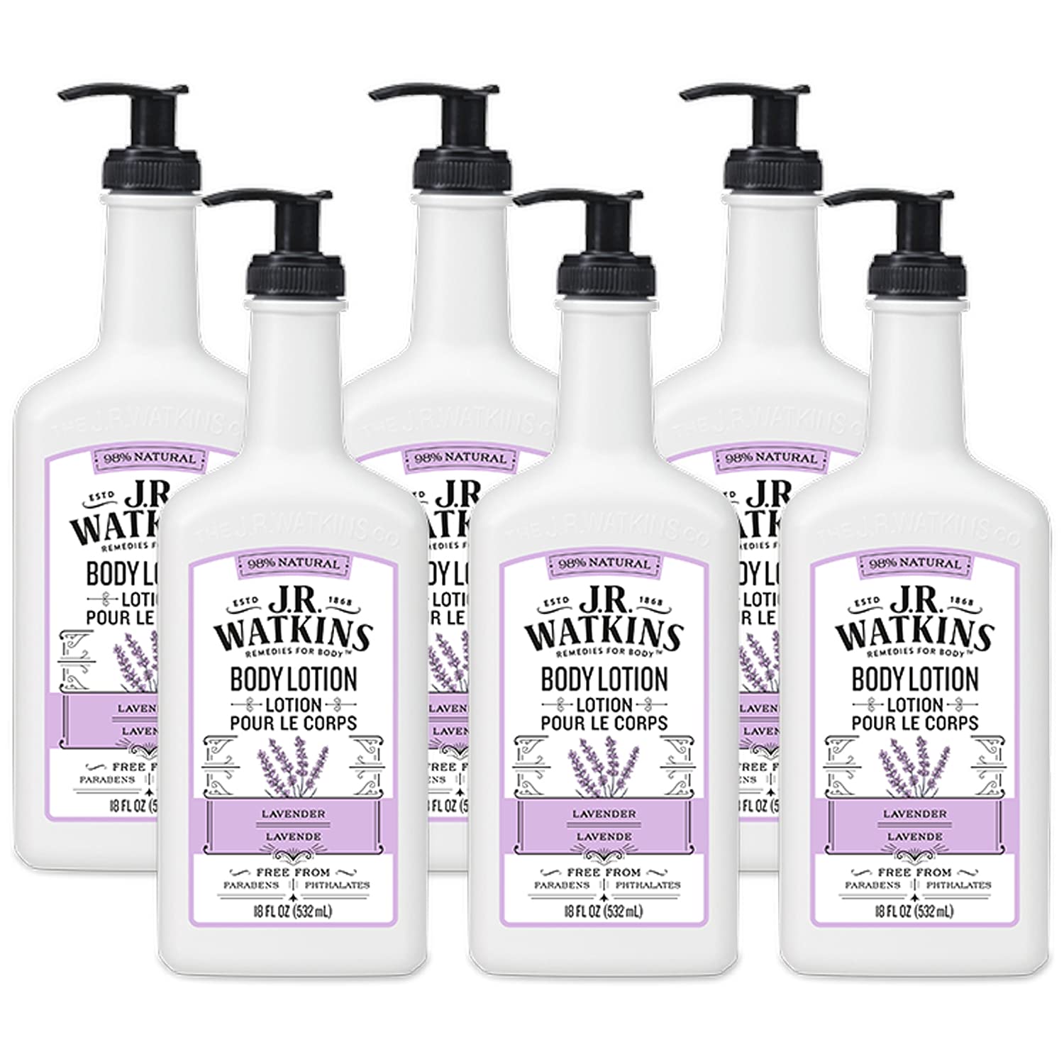 J.R. Watkins Daily Moisturizing Lotion “ Body Cream In Pump Dispenser “ Hydrating Skin Cream Made With Shea Butter, Cocoa Butter, Coconut Oil & Vitamin E, Lavender, 18 Fl Oz, 6 Pack