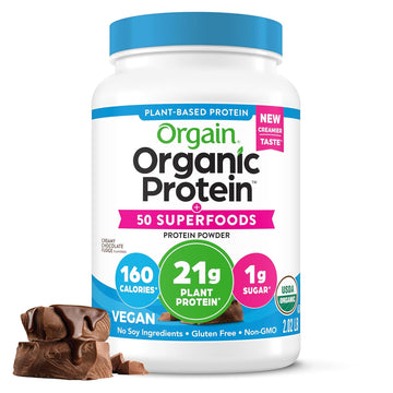 Orgain Organic Vegan Protein + 50 Superfoods Powder, Creamy Chocolate Fudge - 21G Plant Based Protein, 10G Prebiotic Fiber, No Lactose Ingredients, Gluten Free, Non-Gmo, 2.02 Lb (Packaging May Vary)