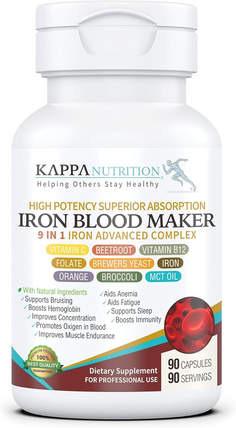 KAPPA NUTRITION (90 Capsules), Iron 26mg, Vitamin C & Orange 150mg, Folate 667mcg DFE, Vitamin B12, Beetroot, Brewers Yeast, Broccoli & MCT Oil 9 in 1 Advanced Complex from