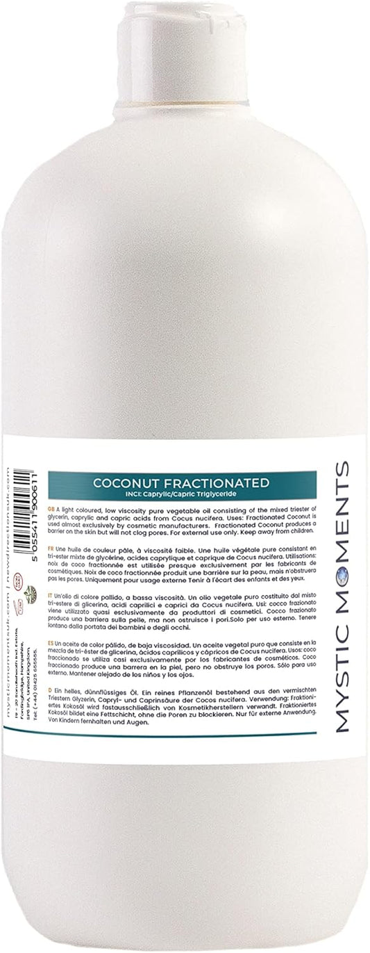 Mystic Moments | Coconut Fractionated Carrier Oil 1 litre - Pure & Natural Oil Perfect for Hair, Face, Nails, Aromatherapy, Massage and Oil Dilution Vegan GMO Free