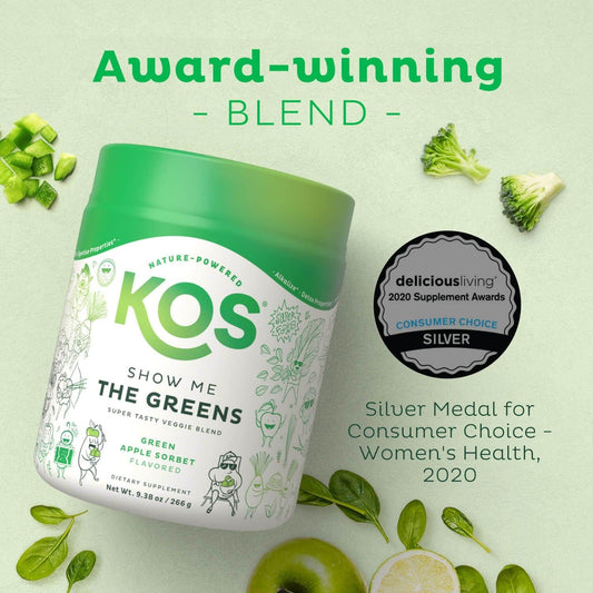 Kos Organic Super Greens Powder Erythritol Free - Plant Based Superfood Blend With Spirulina, Chlorella & Wheatgrass - Usda Certified Organic, Green Juice Smoothie - Apple Flavor - 28 Servings