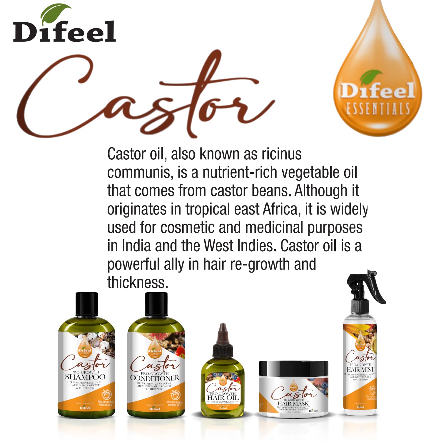 Difeel Essentials Pro-Growth Castor Hair Oil 2.5 oz. - Natural Castor Oil for Hair Growth made with 100% Natural Essential Oil : Beauty & Personal Care