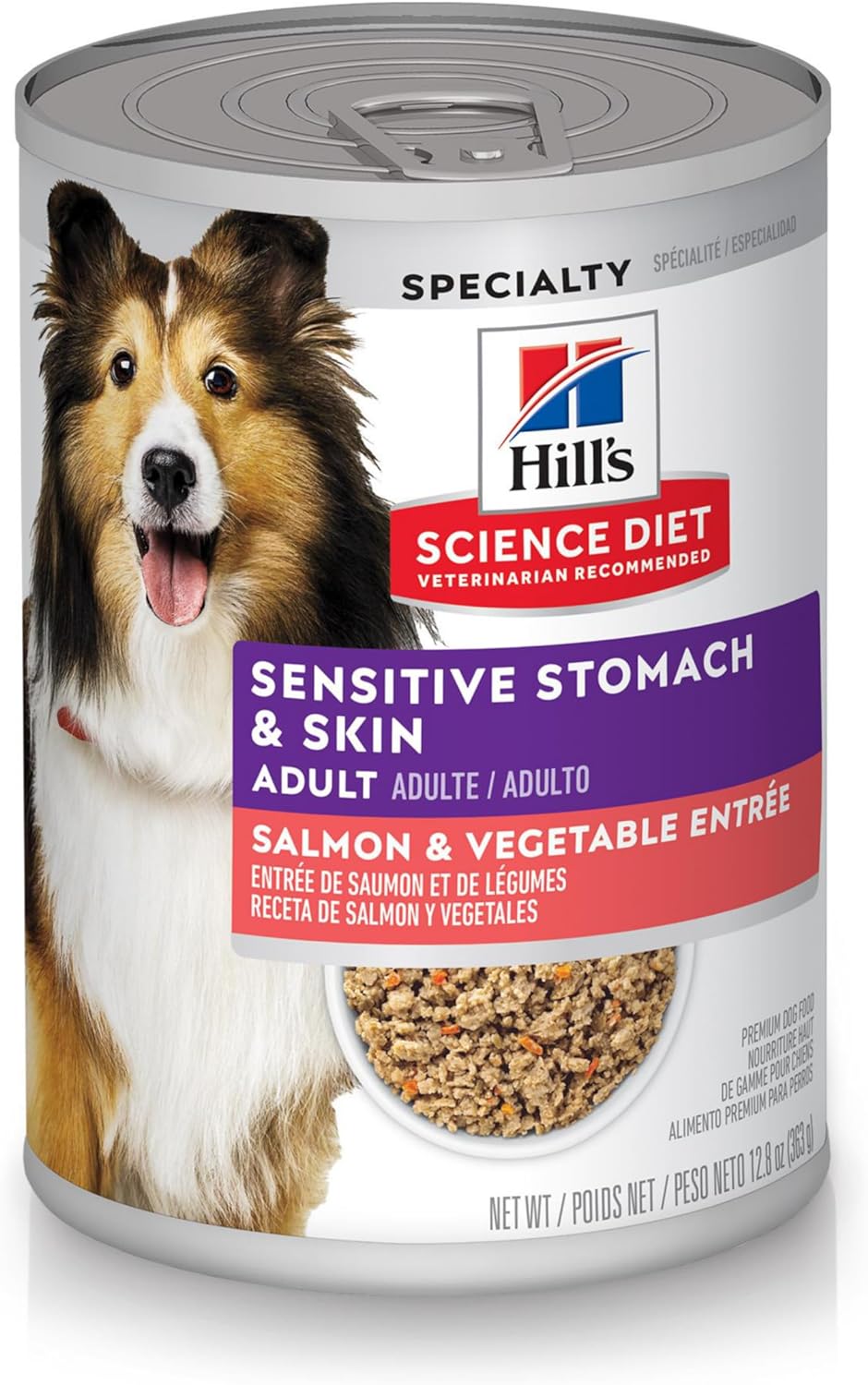 Hill's Science Diet Sensitive Stomach & Skin, Adult 1-6, Stomach & Skin Sensitivity Supoort, Wet Dog Food, Salmon & Vegetables Loaf, 12.8 oz Can, Case of 12