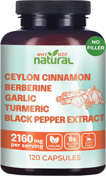 5-In-1 Organic Ceylon Cinnamon Capsules With Berberine, Garlic, Turmeric, Black Pepper Extract Pills (120 Capsules)