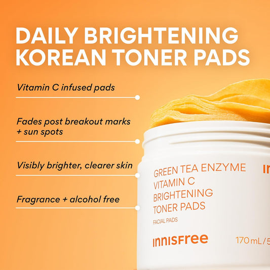 Innisfree Green Tea Enzyme Vitamin C Toner Pads, Korean Brightening Face Pads For Dark Spots, Radiance, And Even Skin Tone