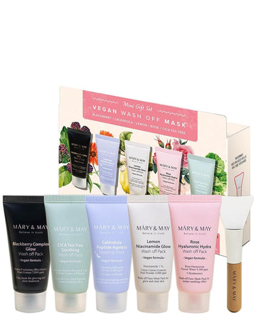 Mary&May Vegan Wash Off Mask Mini Gift Set - Cica Tea Tree, Rose Hyaluronic, Lemon Niacinamide, Blackberry Complex, Calendula Peptide - Soothing, Hydrating, Radiant Skin, Anti-Aging, 1.01Oz. 5 Pack