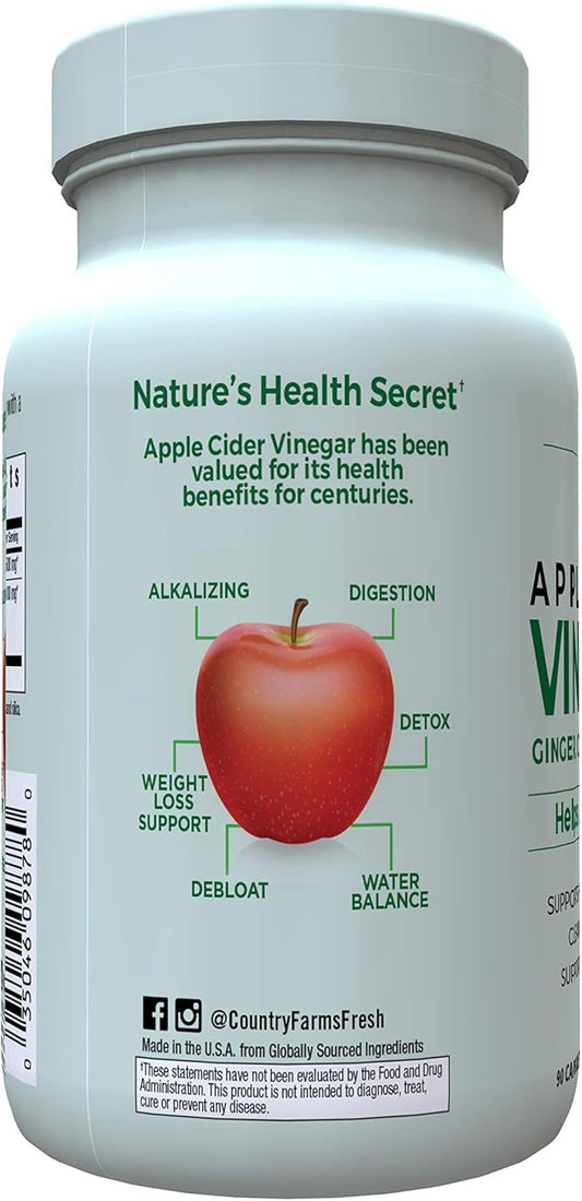 Country Farms Apple Cider Vinegar Capsules, With Ginger, Cayenne And Maple, Helps Aid Digestion, Supports Healthy Weight Loss, Cleanses And Detoxifies, Supports Water Balance, 90 Count, 90 Servings