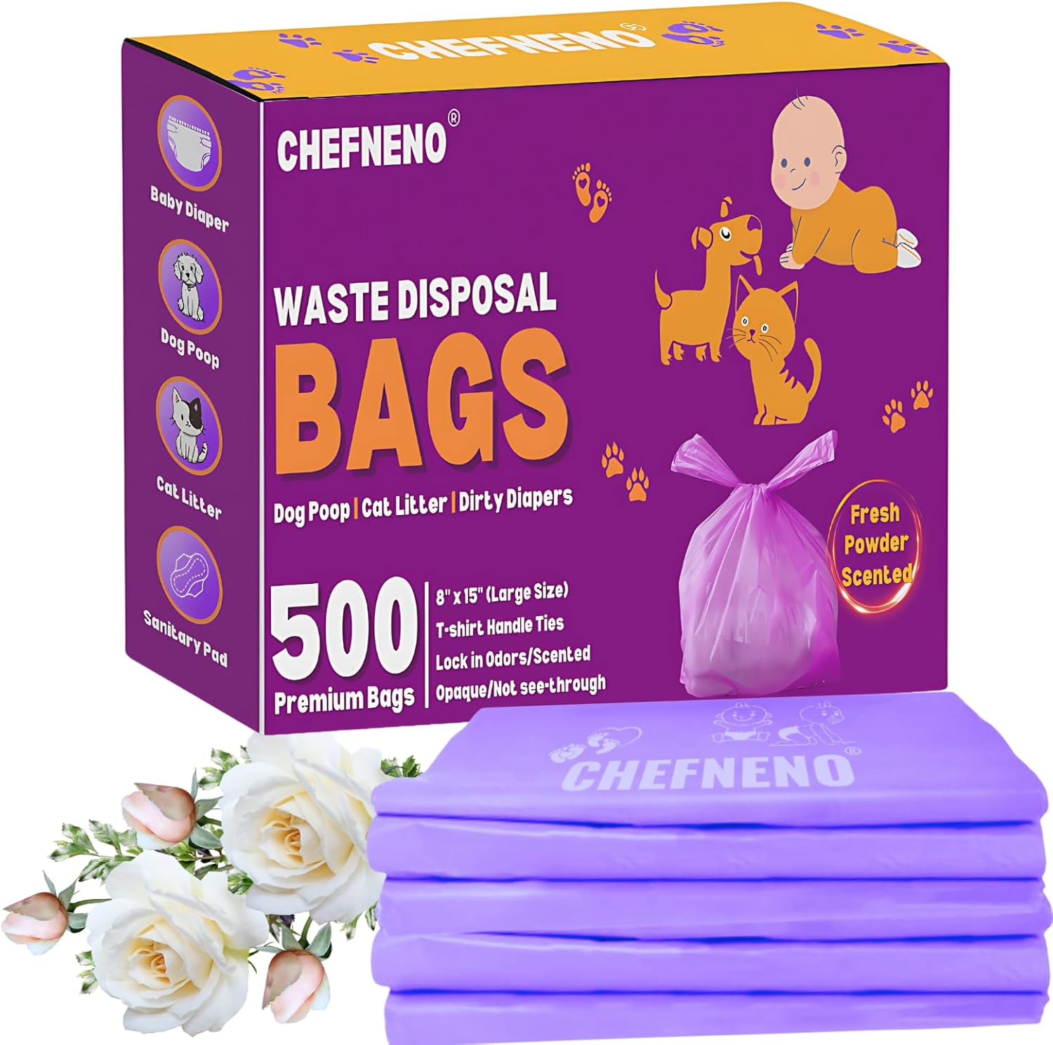Disposable Baby Diaper Bags (500 Bags) Fresh Powder Scented Easy Tie Handles Epi Eco-Friendly Diaper Disposable Sacks Dog Poop Bags Cat Litter Waste Bags (Fresh Powder, 500 Ct.)