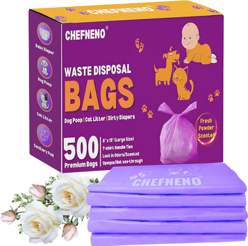 Disposable Baby Diaper Bags (500 Bags) Fresh Powder Scented Easy Tie Handles Epi Eco-Friendly Diaper Disposable Sacks Dog Poop Bags Cat Litter Waste Bags (Fresh Powder, 500 Ct.)