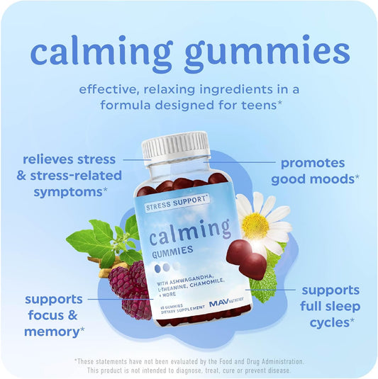Calming Ashwagandha Gummies For Teens | Stress Relief Supplement With Theanine, Gaba, Chamomile & Lemon Balm Calm Sleep Gummies | Natural Raspberry Flavor, Non-Gmo, Third-Party Tested | 60 Ct